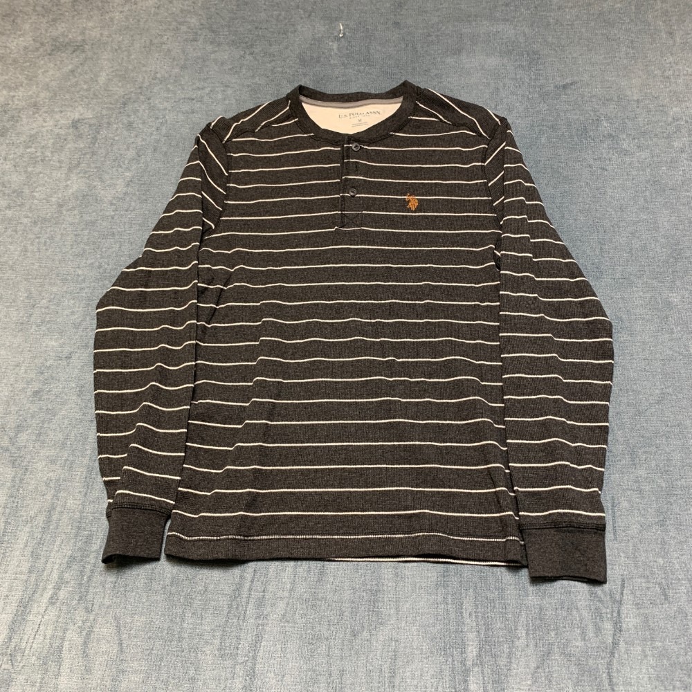 US Polo Assn. Henley Shirt Mens Medium Black White Striped Logo Outdoor Wear
